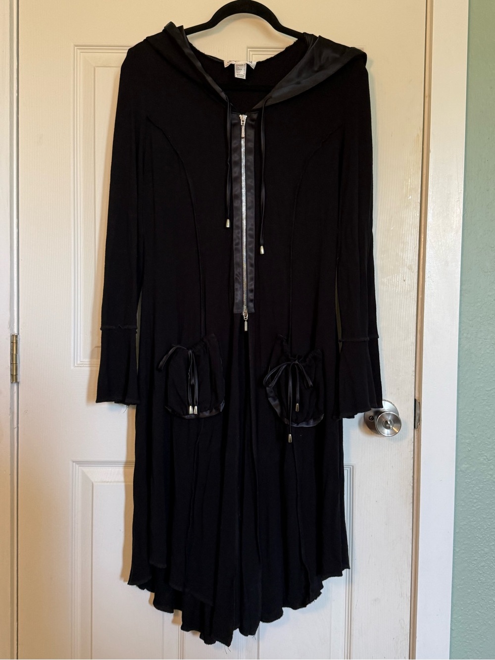 Joseph Ribkoff Black Satin Hooded Zip-Front Longline Asymmetrical Cardigan
